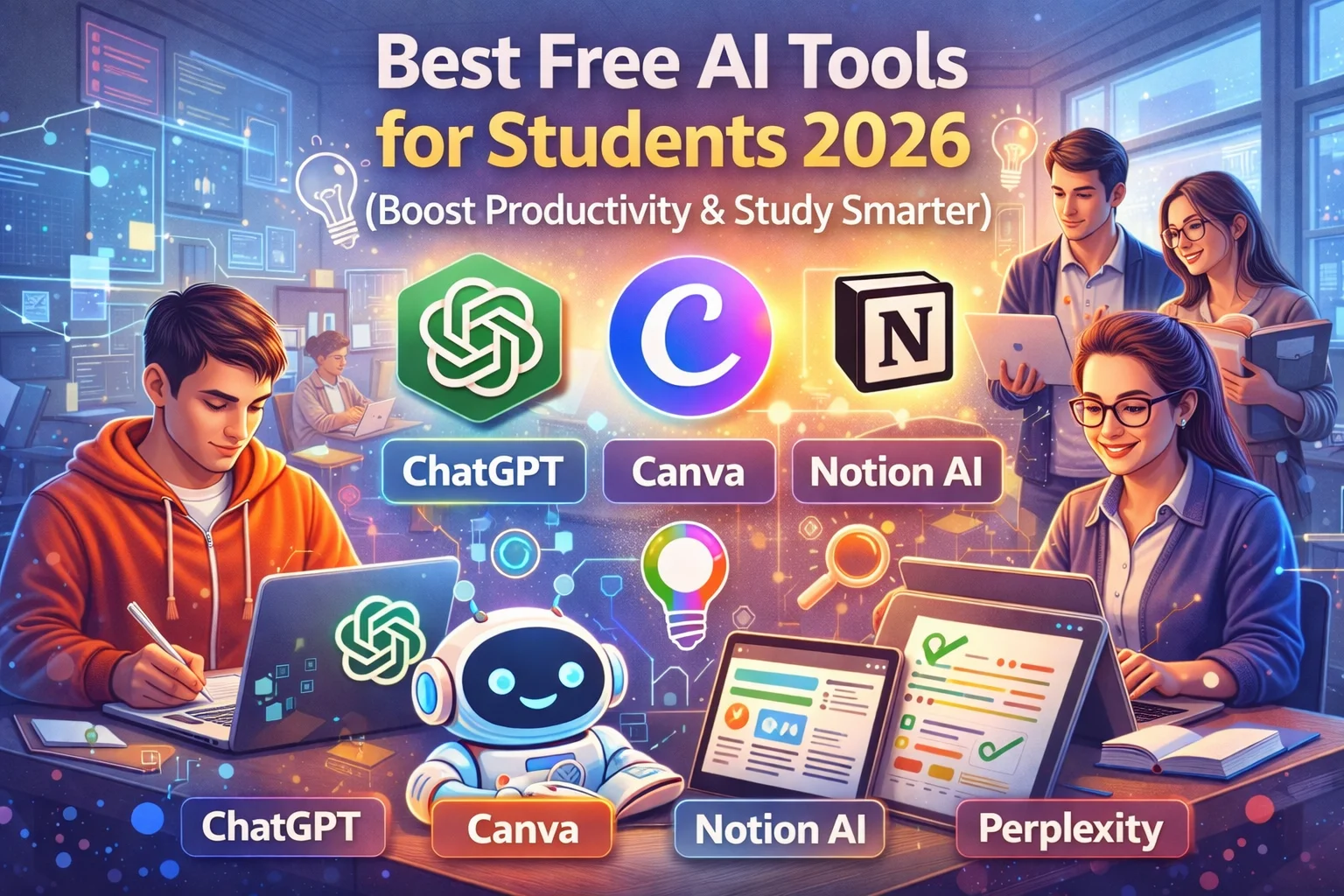 Best free AI tools for students 2026 including ChatGPT Canva and Notion